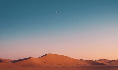 Fototapeta premium Breathtaking views of golden sand dunes in the distance under a crescent moon, Generative AI 