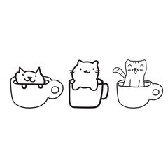 Three cats sitting in big coffee cups. Isolated icons. Black color. Outline illustrations on white background.