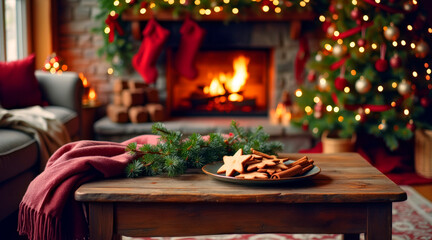 A festive living room with a crackling fireplace, a glowing Christmas tree, and a wooden table adorned with cookies, perfect for the holiday season.