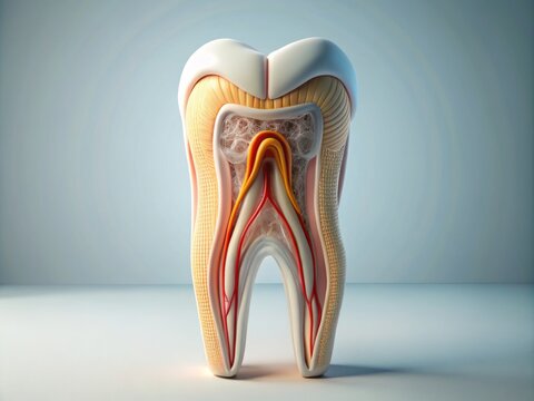Stunning 3D Structure of a Human Tooth: Minimalist Illustration Showcasing the Intricate Anatomy of Dental Enamel, Dentin, Pulp, and Root System in a Clean and Modern Style