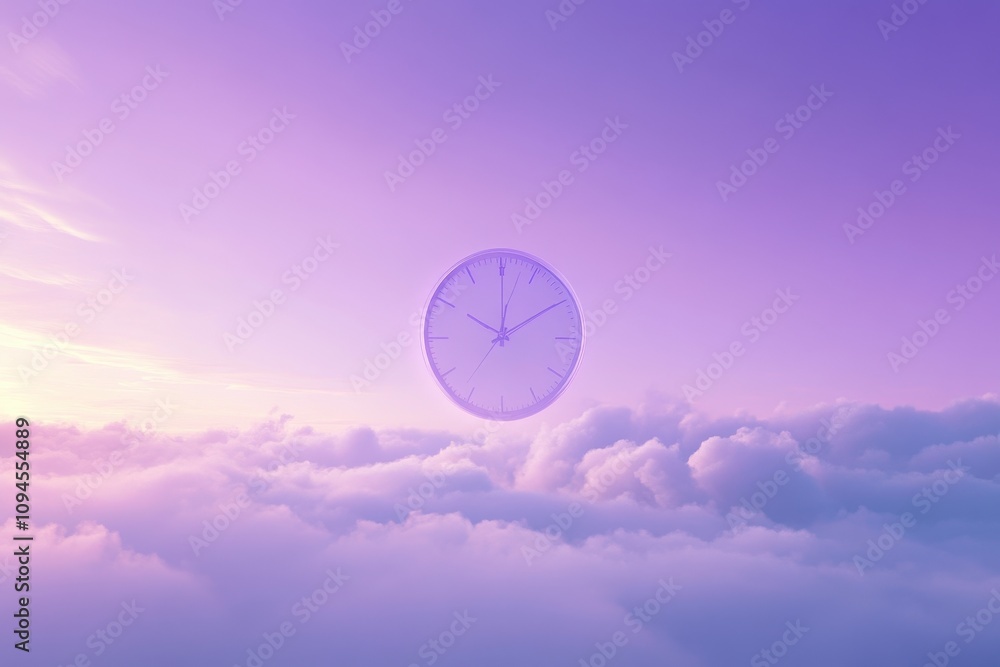 Poster a clock floating amidst soft clouds in a purple sky, symbolizing the passage of time.