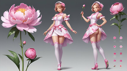 peony or garden peony flower in pink on transparent background, dolls, pink flower, doll wearing pink dress, peony