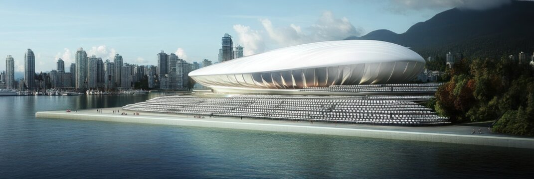 A modern architectural structure near water, surrounded by urban skyline and mountains.