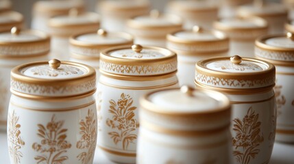Exquisite white and gold jam jars arranged in a neat row, featuring intricate floral patterns and elegant lids, showcasing fine craftsmanship and classic design.