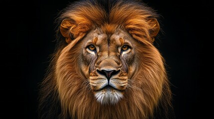 Fototapeta premium A lion with a long mane and a large, yellow eye. The lion is staring at the camera