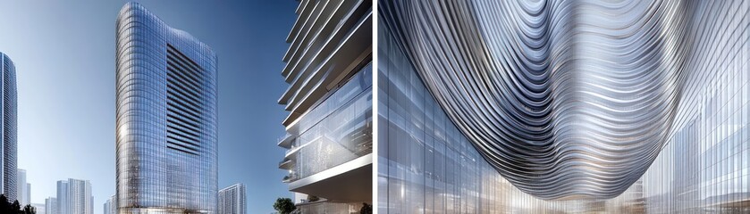 Modern architectural design featuring sleek towers and intricate interior structures.