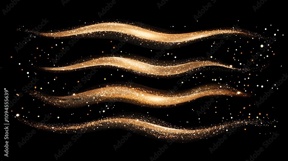 Poster three golden wavy lines with a black background and small sparkly particles scattered around.