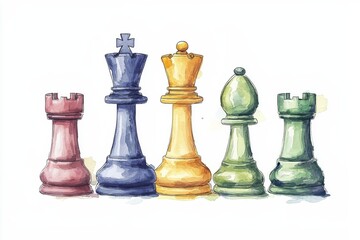 Vibrant watercolor chess set illustration artistic display studio environment close-up view creative concept, isolated on white background