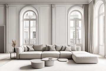 Modern, minimalist living room with a large sectional sofa and elegant windows.