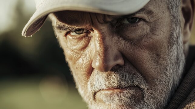 Intense close-up of an older male golfer with a weathered face and piercing eyes, wearing a cap, capturing a moment of focus and determination.