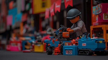 Fototapeta premium A Toy Motorcyclist Leaning Against a Blue Box in a Toy Store