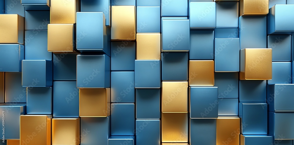 Poster A vibrant arrangement of blue and gold cubes creating a visually appealing abstract pattern.