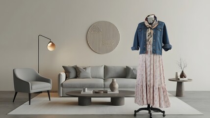 A photo of a minimalist living room with a futuristic fashion backdrop.