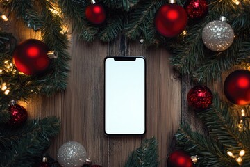 Smartphone with a blank screen, styled with red and silver Christmas ornaments, pine branch on a wooden backdrop. Perfect for creative holiday and New Year mockup concepts.