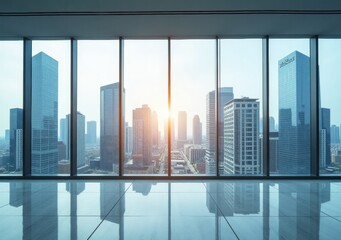 Urban skyline view from modern office with sunset reflecting on glass windows