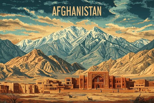 A vibrant poster highlighting Afghanistan's stunning landscapes, majestic mountains, traditional architecture, and rich cultural motifs in warm colors.