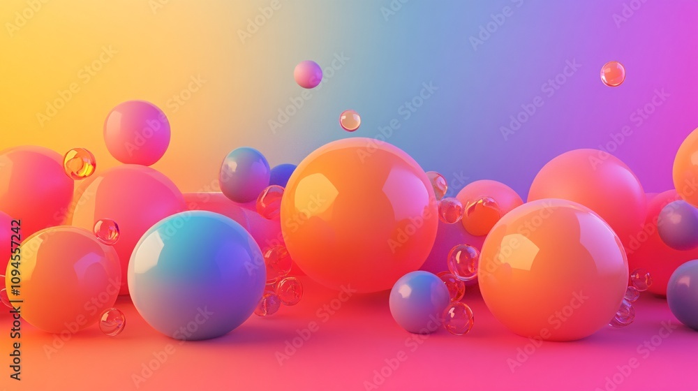 Poster colorful spheres floating and bouncing on gradient background