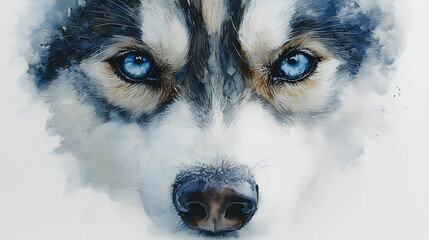 A watercolor Siberian Husky looking directly at the viewer, its icy blue eyes vibrant, painted on white