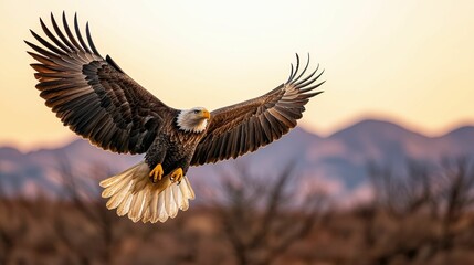 Obraz premium Freedom expression and symbolic, A majestic eagle soars through a sunset sky, showcasing its powerful wingspan against a backdrop of mountains and serene colors.