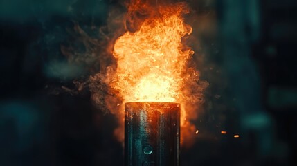 Fototapeta premium Flaming fuse burning brightly against a dark background with intense orange and yellow flames and sparks emanating from a metal casing