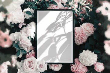 Blank white poster in black frame surrounded by blush pink flowers, white blooms, and green foliage with sunlight casting faint shadows for a delicate, peaceful scene
