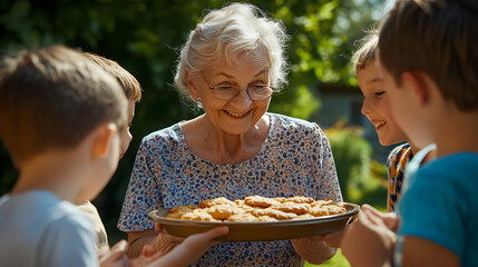 A grandmother proudly holding a tray of golden-brown cookies while kids excitedly cheer around her.