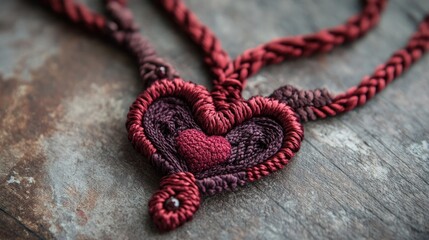 Handcrafted crimson heart-shaped cord embellishments featuring intricate braiding, symbolizing love and commitment with a rustic charm.