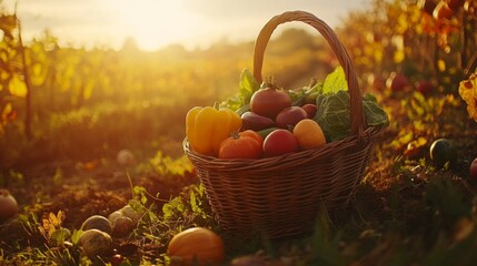 Wicker Basket Filled with Freshly Harvested Produce in a Garden Setting