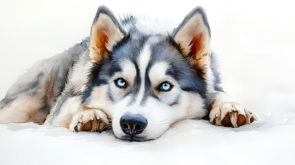 Obraz premium A watercolor Siberian Husky lying on a soft surface, its head resting gently on its paws, on white