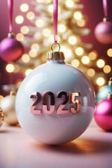 2025 in pink letters on white Christmas ball, on pink bokeh background with copy space, creating a celebratory atmosphere.	