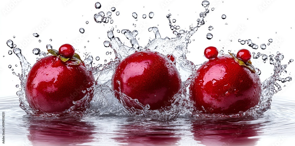 Poster three red pomegranates splash into water, creating a vibrant and refreshing scene.