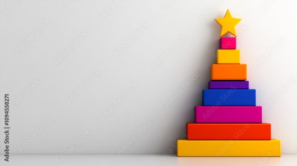 Poster colorful christmas tree made of blocks with a star on top. the tree is made of different colored blo