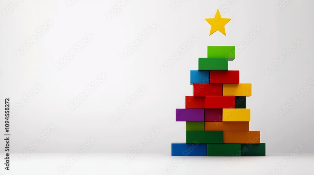 Poster colorful christmas tree made of blocks is shown with a star on top. the tree is tall and has a uniqu
