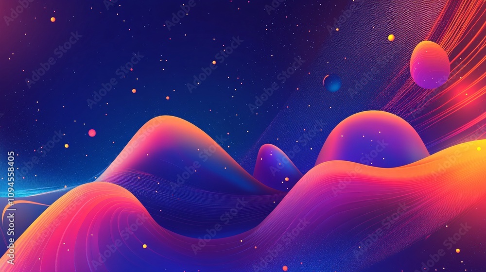 Poster colorful abstract waves flowing in vibrant space with stars and planets