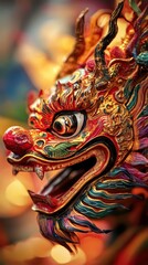 Fototapeta premium This Reog Ponorogo mask displays bold colors and ornate designs, highlighting traditional artistry