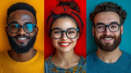 Three people with glasses and one of them is smiling. The woman is wearing a red scarf and the man is wearing a blue shirt