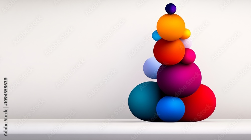 Poster colorful stack of balls is arranged to look like a christmas tree. the balls are of different sizes 