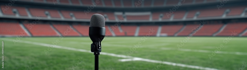 Poster a microphone stands on a football field, capturing the atmosphere in a spacious stadium with empty r