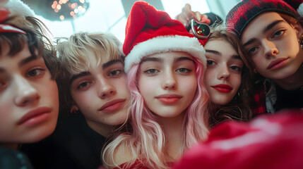 Obraz premium A group of teenagers with frosted tips and 2000s fashion taking a Christmas-themed selfie.