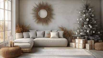 Aesthetic room interior design with Merry Christmas elements. Wall with New Year decoration in the apartment. Holiday tree in the room.
