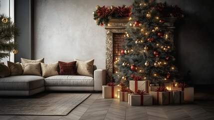 Obraz premium Aesthetic room interior design with Merry Christmas elements. Wall with New Year decoration in the apartment. Holiday tree in the room.