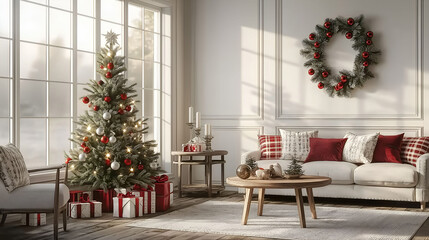 Aesthetic room interior design with Merry Christmas elements. Wall with New Year decoration in the apartment. Holiday tree in the room.