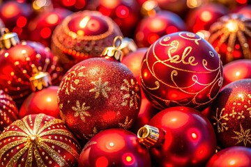 Vibrant Macro Photography of Red Christmas Sale Balls, Showcasing Intricate Details and Sparkling Reflections Perfect for Holiday Marketing and Festive Celebrations
