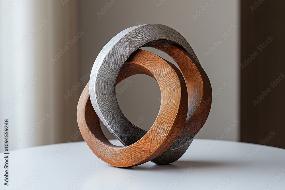 Poster a modern sculpture featuring interlocking circular forms in contrasting colors.