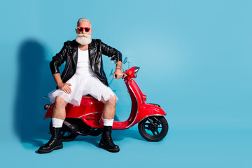 Full length photo of extravagant handsome queer guy wear white dress crown sitting moped emtpy...