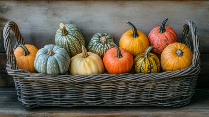 Assorted Pumpkins in a Wicker Basket on a Wooden Surface