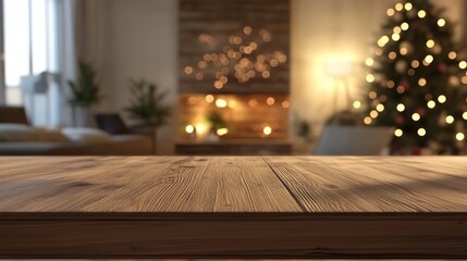 Wooden tabletop in focus with a cozy, blurred living room backdrop featuring a Christmas tree and warm string lights, perfect for holiday product mockup.