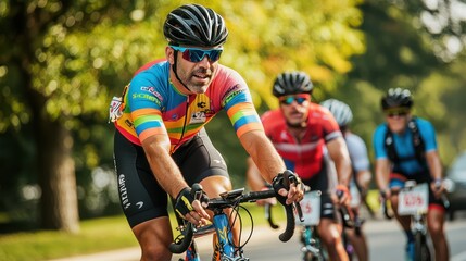A cyclist participating in a charity race, wearing bright colors and showing determination