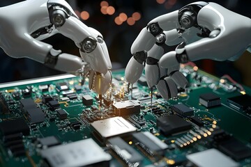 Robots assembling components on a circuit board in a workshop