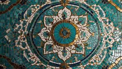 Obraz premium Persian mosaic tile background in turquoise, white, and gold